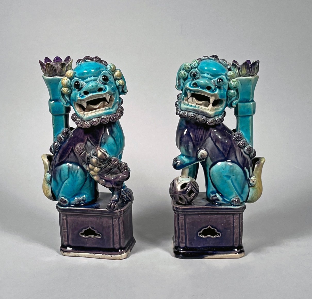 Pair of Chinese Fahua Glazed Porcelain Fu Dogs