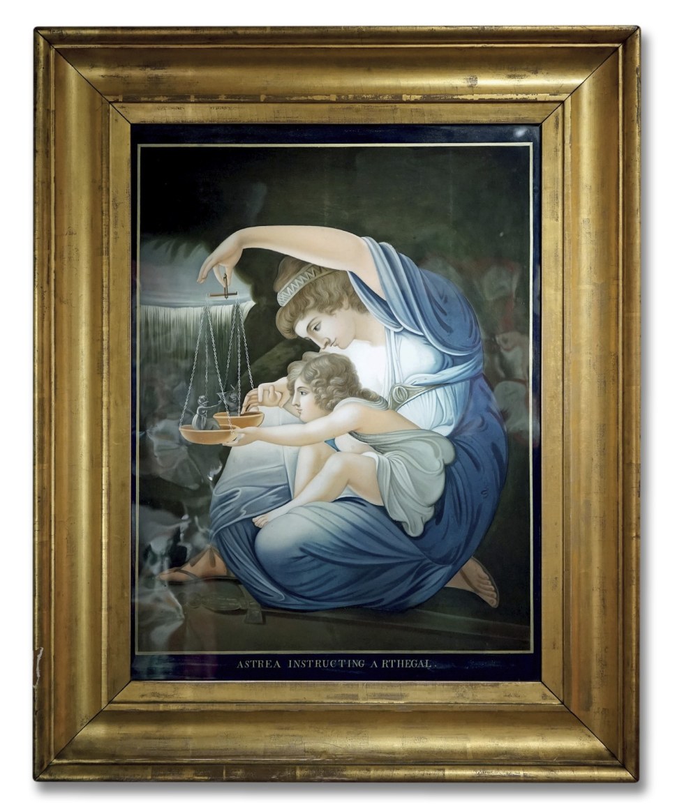 Superb Chinese Export Reverse Glass Painting, Astrea Instructing Arthegal