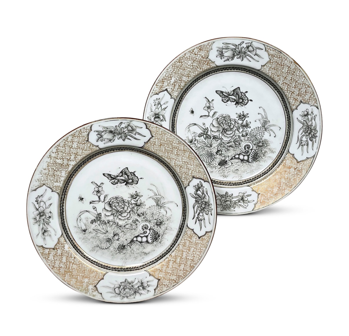 Pair of Chinese Grisaille and Gilt Decorated Porcelain Plates