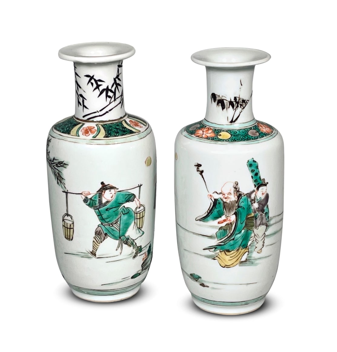 Pair of Chinese Famille Verte Porcelain Cabinet Rouleau Vases