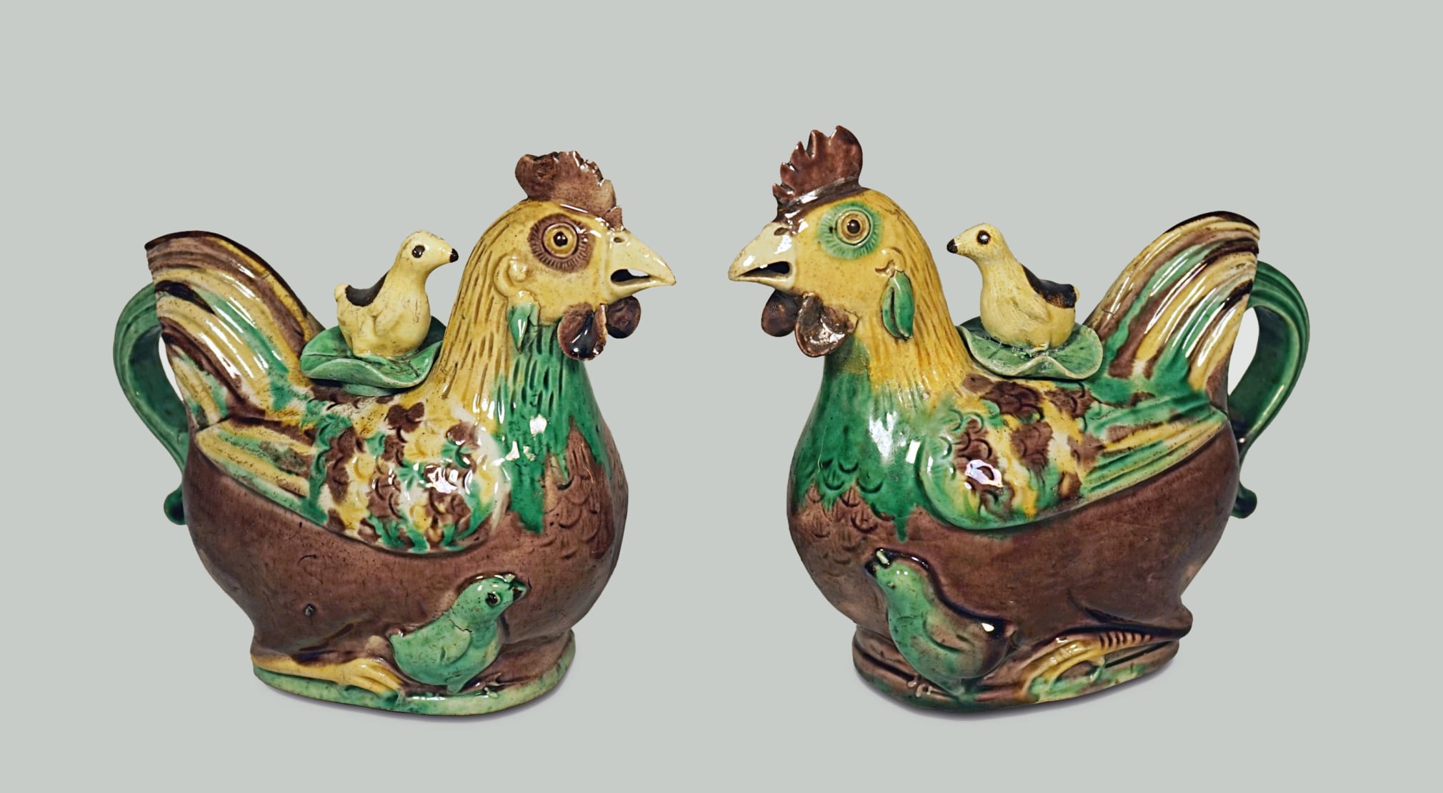 Fine Pair of Chinese Sancai Glazed Porcelain Chicken Ewers