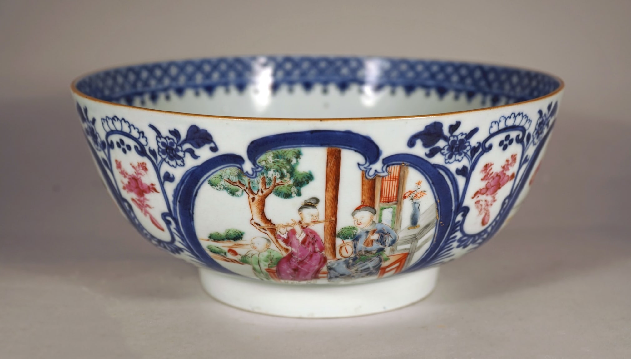 Unusual Pair of Chinese Blue and White and Famille Rose Export Porcelain Bowls