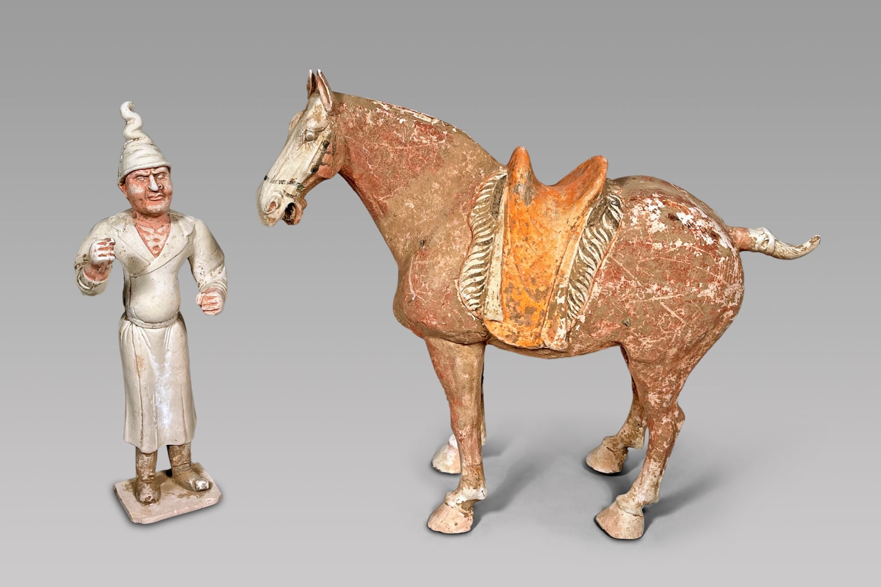 Chinese Unglazed Pottery Horse and Groom