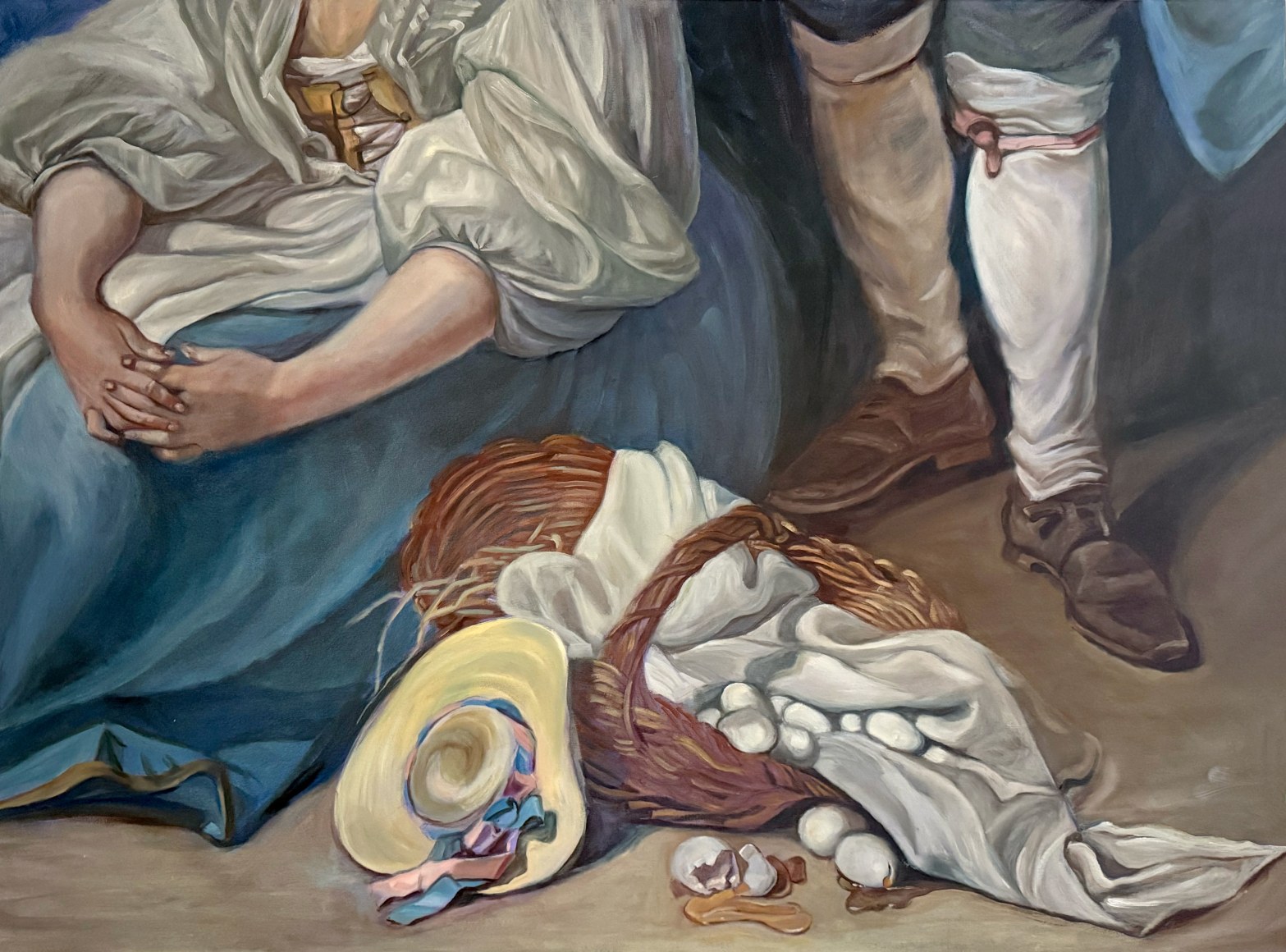 Headless figures in period clothes observe a woven basket  with eggs, next to it a woman's hat and two broken eggs