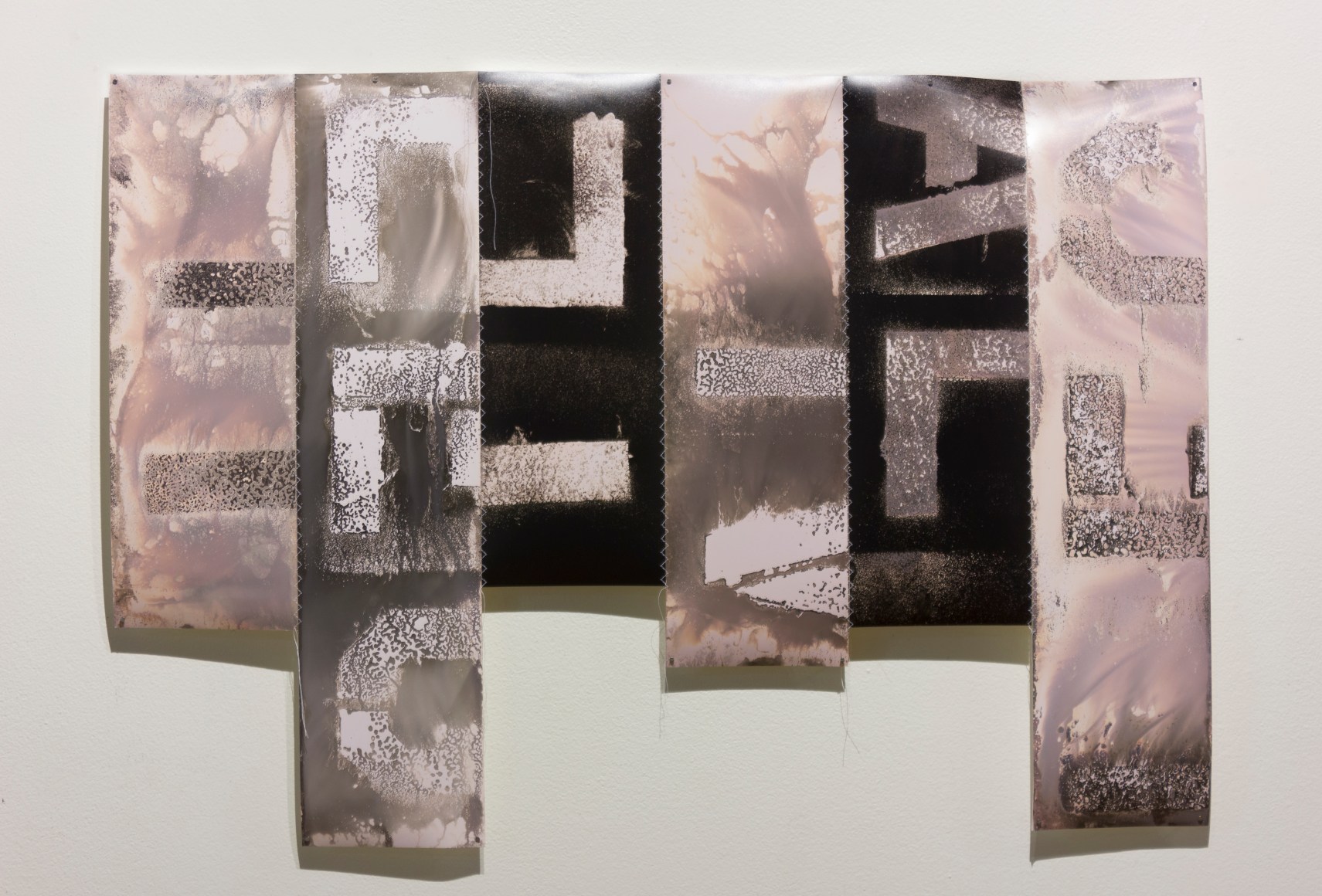 Bridget Conn  Vague Word #1, 2018  Silver Gelatin Chemigrams, thread, nails  30h x 21w x 1d in