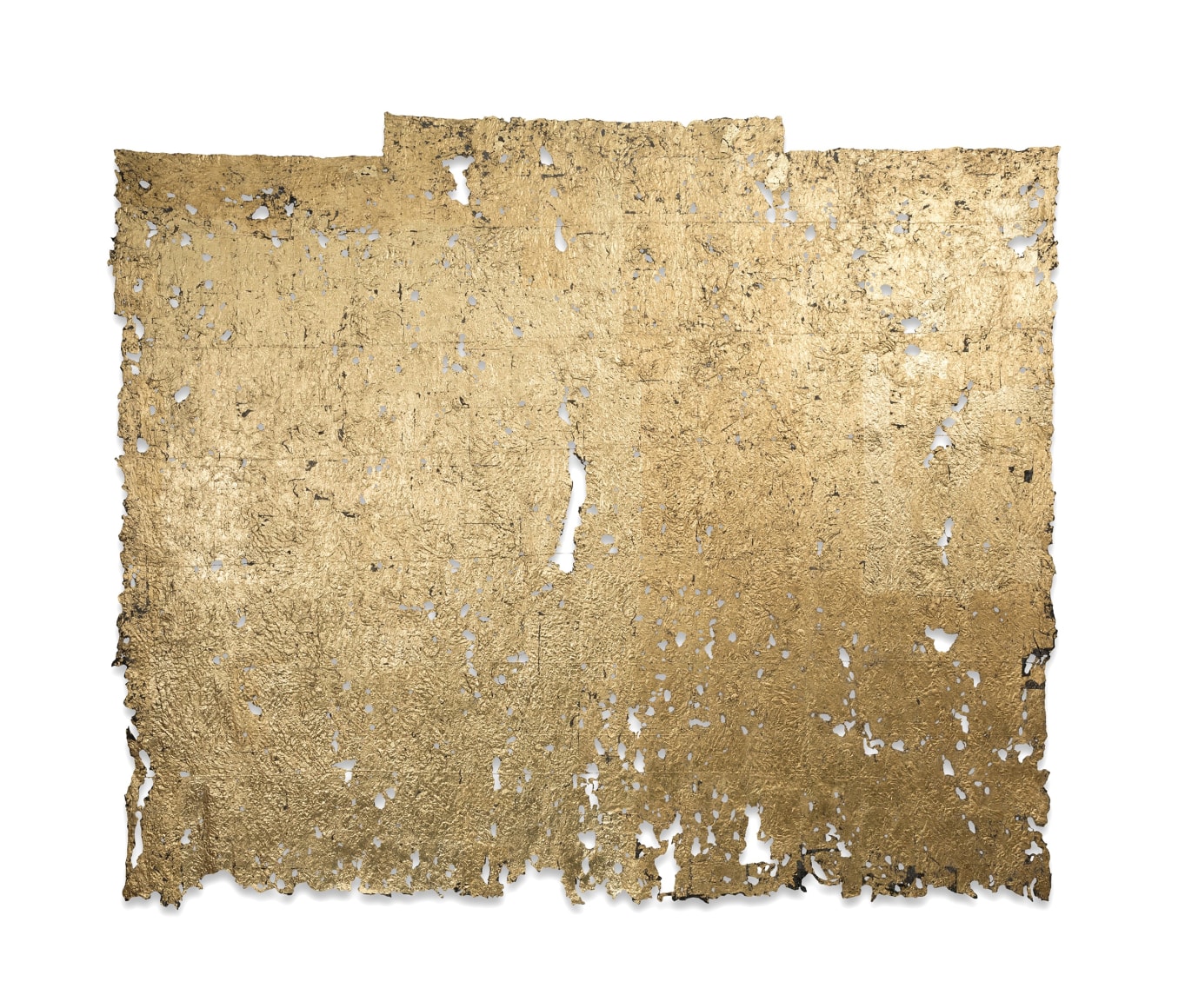 Mother's Keeper, 2017  Deconstructed quilt, cotton batting, India ink, acrylic, and metal leaf  76 x 90 inches, unique, Textiles