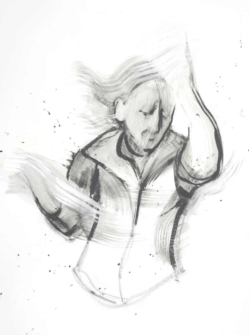 Margaret Curtis  Woman Swarmed by Flies, 2019  Charcoal on paper  30h x 22w in 76.20h x 55.88w cm  Framed: 33h x 25w in 83.82h x 63.50w cm, 1/2 length drawing of a woman swatting flies,