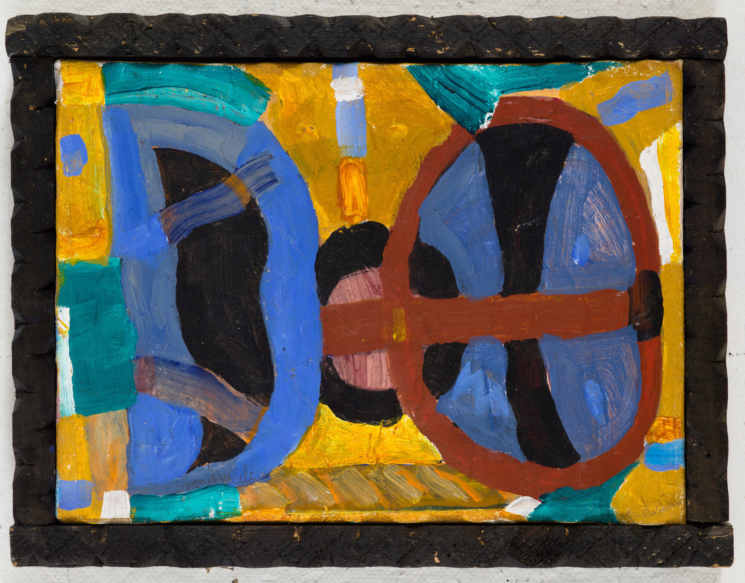 Gerald van de Wiele  Old Bikes, 2000  Acrylic on canvas in artist's hand-carved frame  8 1/2h x 11 1/4w in, abstract painting with blues, gold, green, blue and black resembling parts of bikes