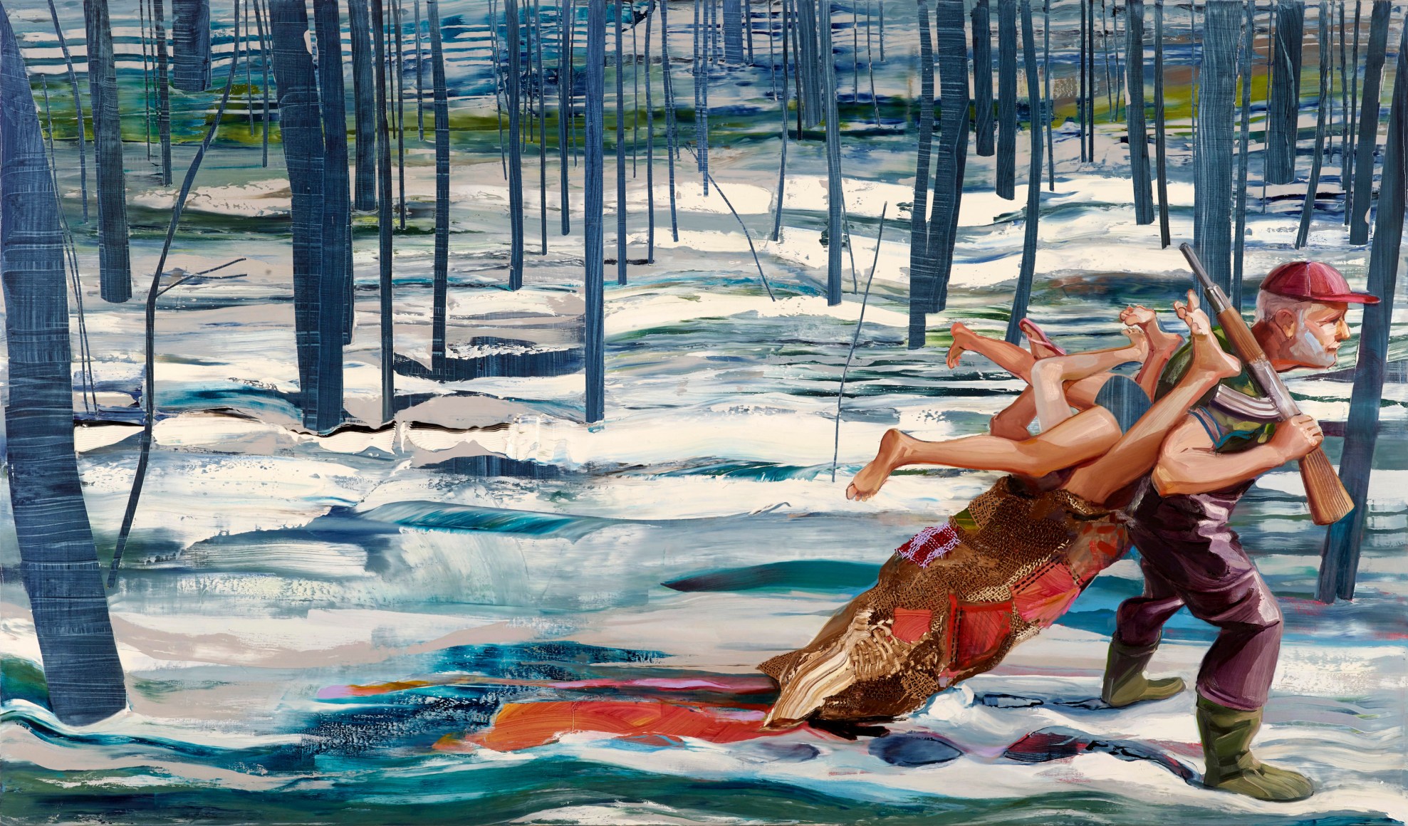 Margaret Curtis  American Family of 4, 2017  Oil on canvas  42h x 84w inches - an oil painting depicting a man carrying a large sack of what appears to be human remains through a snow wooded area.