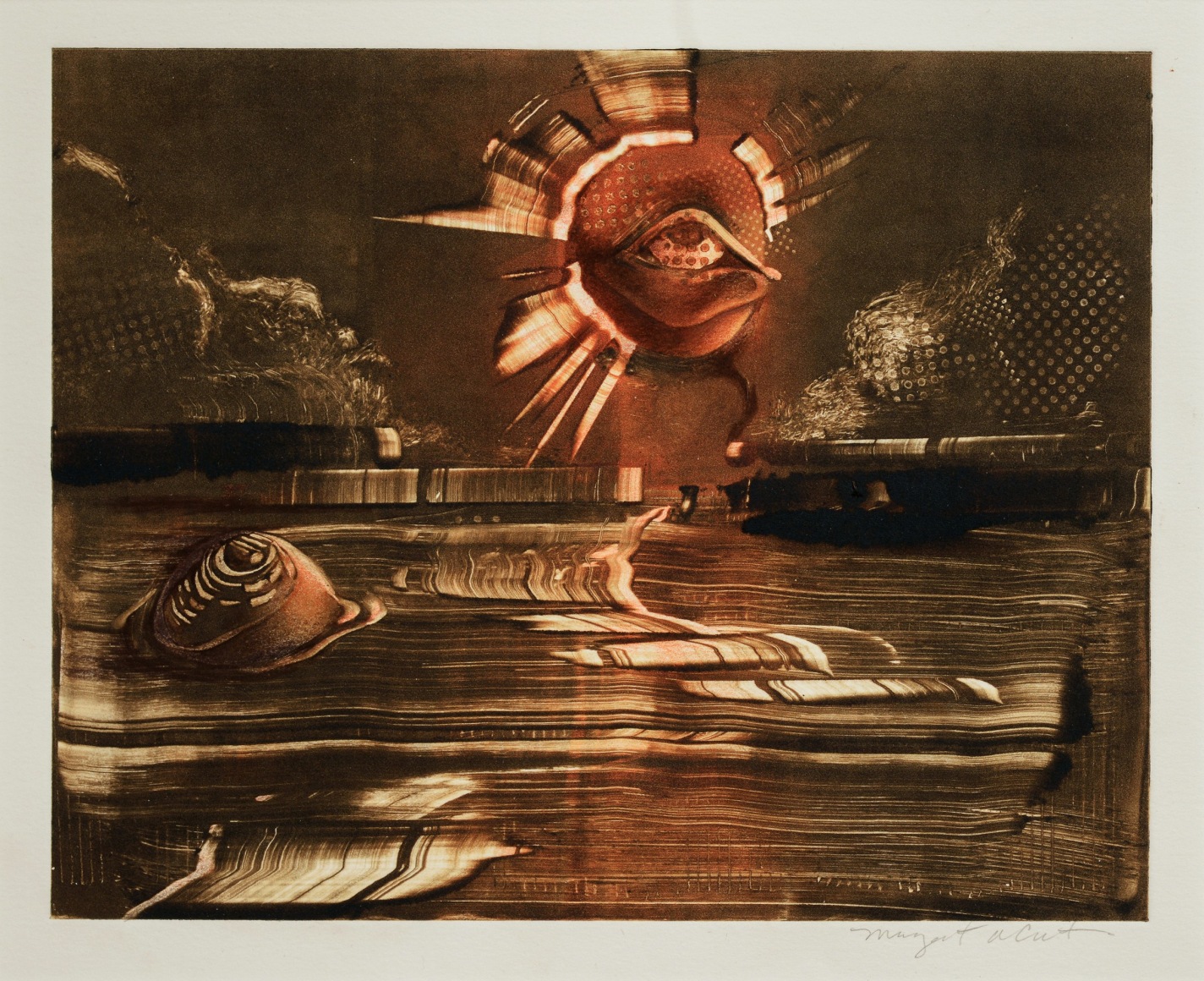 Monotype print of large eyeball in dark landscape