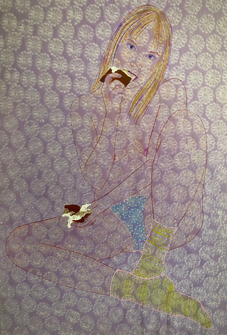 drawing of a young, blond woman sitting in her underwear eating ice cream. The background is purple with white flowers