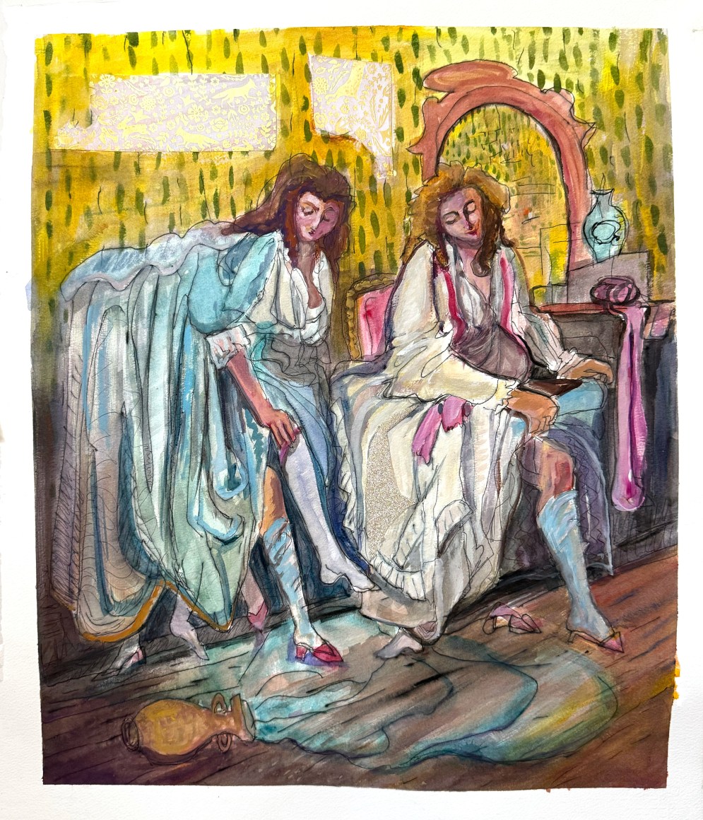 Work on paper with two women in period satin dresses changing stockings