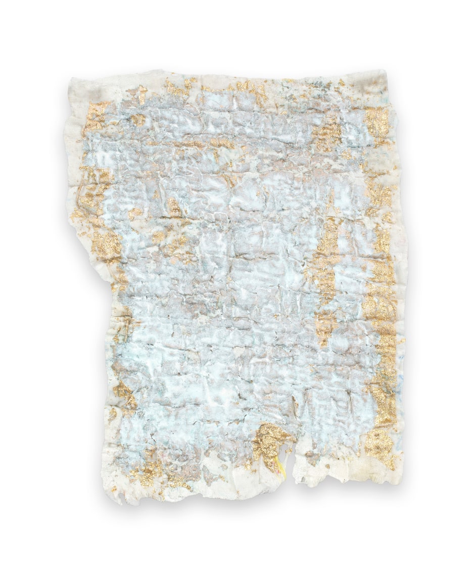 Rachel Meginnes  Immemory, 2019, Mixed Media, Deconstructed quilt, hand stitching, metal leaf, acrylic, and gouache  9 1/2h x 7 1/2w in 24.13h x 19.05w cm  Unique