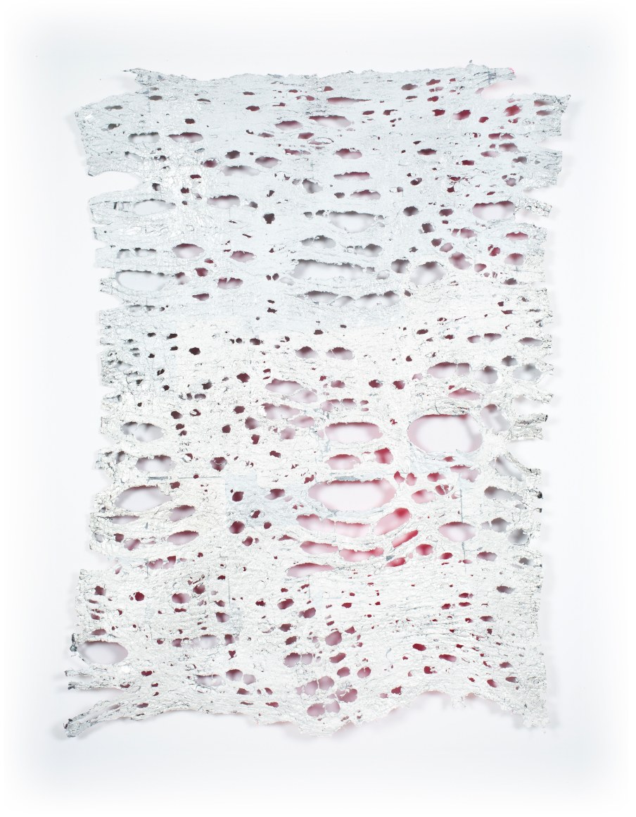 Rachel Meginnes  Elasticity, 2019,  Mixed Media, Deconstructed quilt, silver, aluminum, acrylic, and spray paint  42h x 31 1/2w in 106.68h x 80.01w cm  Unique
