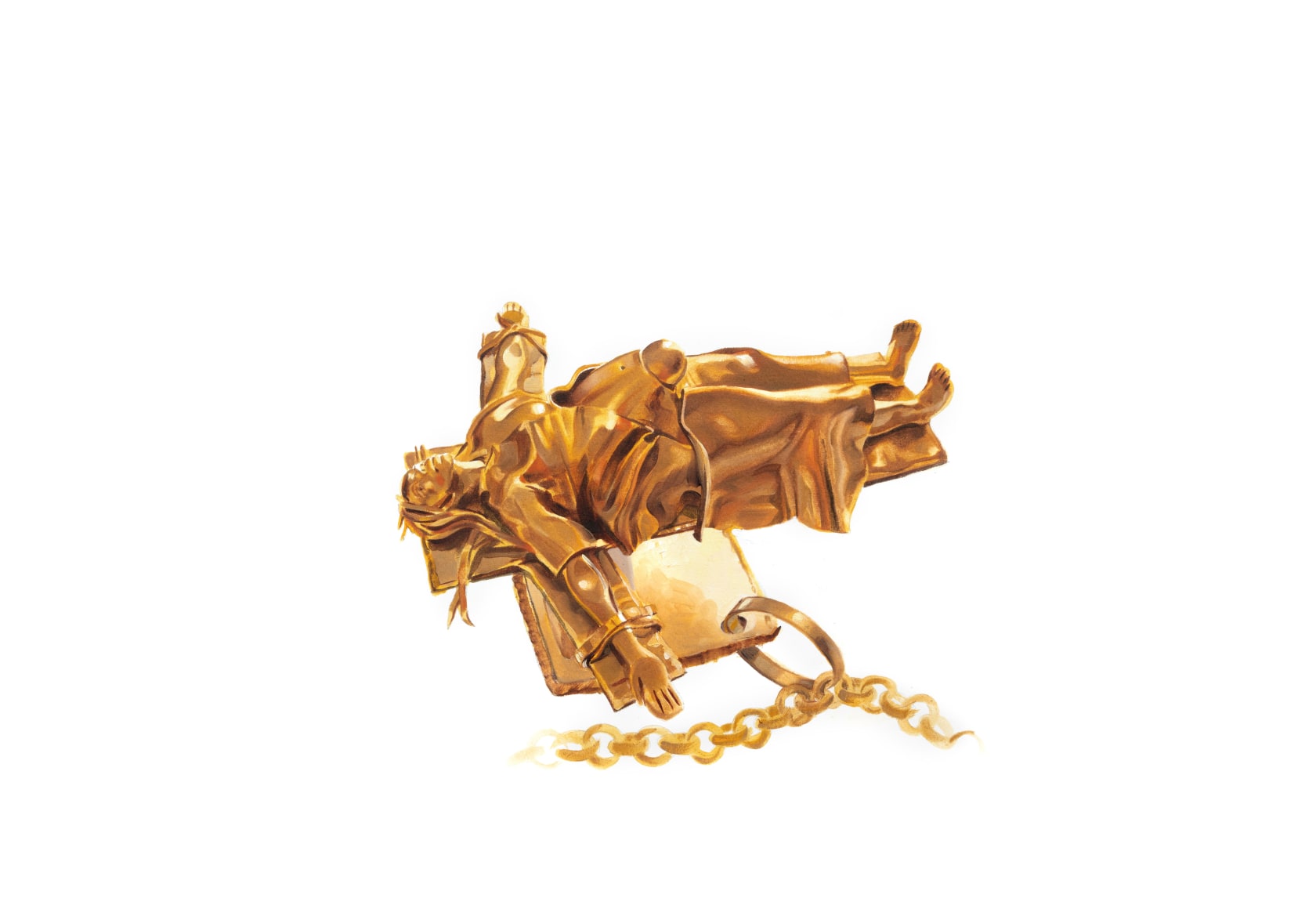 Margaret Curtis  C-Section, from the series &quot;A Charm Bracelet of My Reproductive Career&quot;, 2020  Oil on paper  15h x 22w in 38.10h x 55.88w cm  Framed: 18h x 25w in 45.72h x 63.50w cm, gold toned image of woman preparing for a c-section