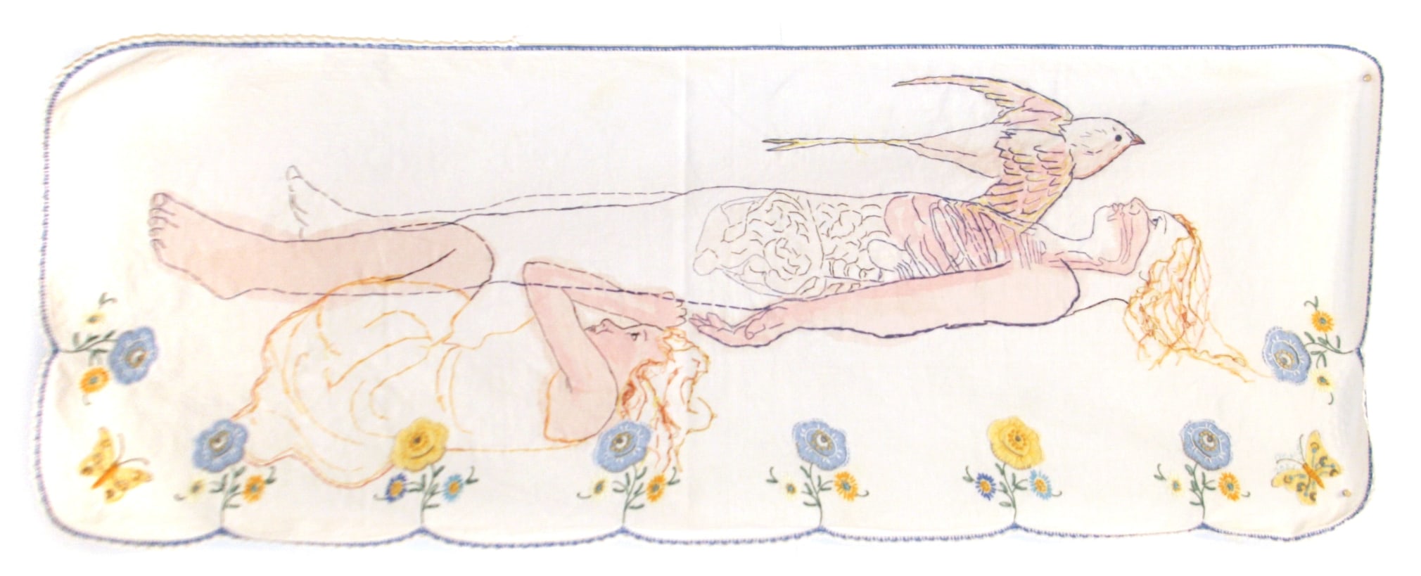 hand embroidered image of a blond haired person lying horizontal with a robin flying over overhead and a child in the fetal position underneath