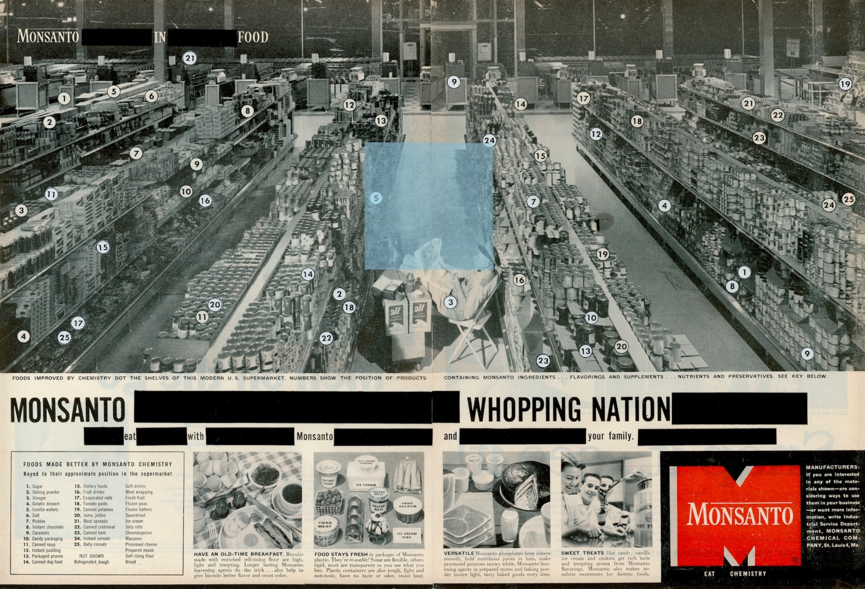 Monsanto Whopping Nation, 2022  from the series Science for a Better Life Collage on 1956 Monsanto advertisement  13.75 x 20 inches, black and white image of a grocery store with blue collage, redacted text