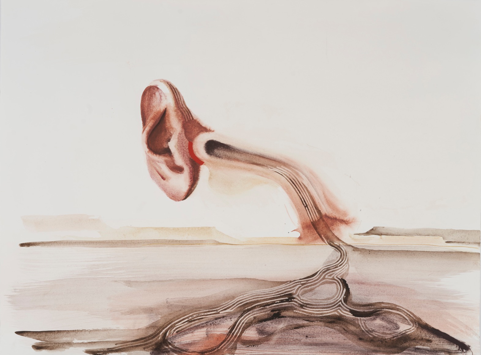 Big ear tethered to the earth in a barren landscape. By Margaret Curtis