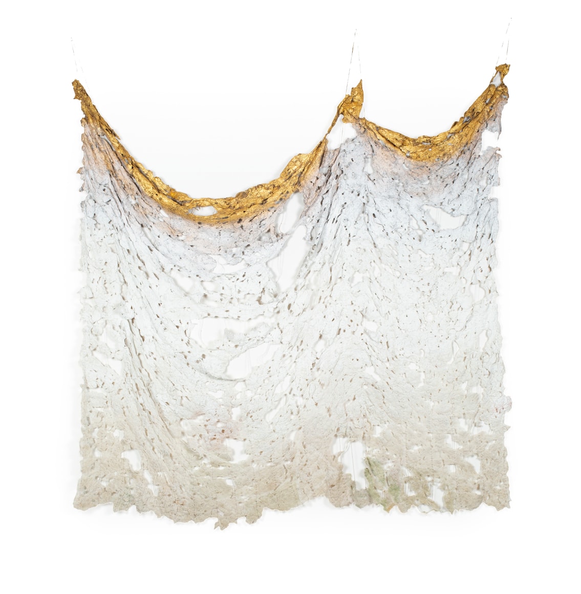 Rachel Meginnes  Weep, 2019, Mixed Media, Deconstructed quilt, hand stitching, gold leaf, acrylic, and spray paint  72h x 75w in 182.88h x 190.50w cm  Unique