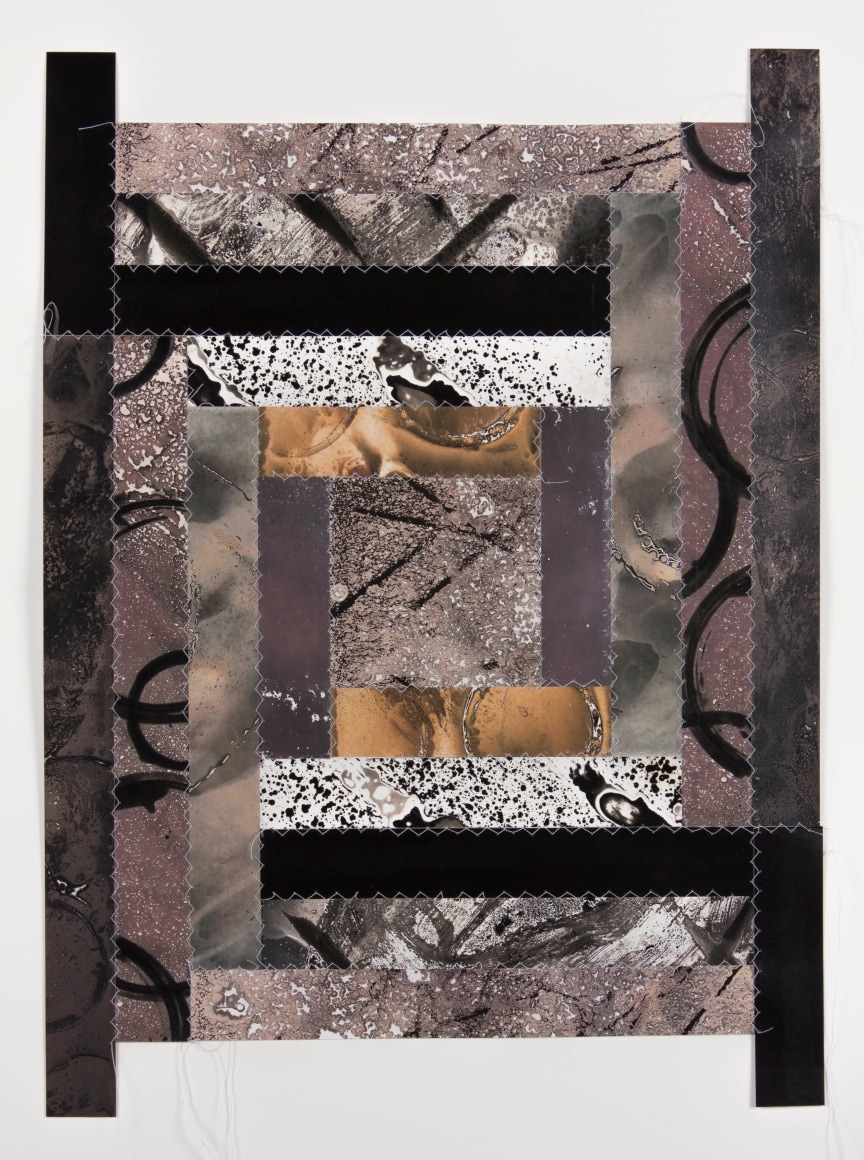 Bridget Conn  Pattern-Speak #2, 2018  Silver gelatin photographic chemigram collage, thread  19 1/2h x 15 1/2w in 49.53h x 39.37w cm  Framed: 21 1/4h x 17 1/4w in 53.98h x 43.82w cm