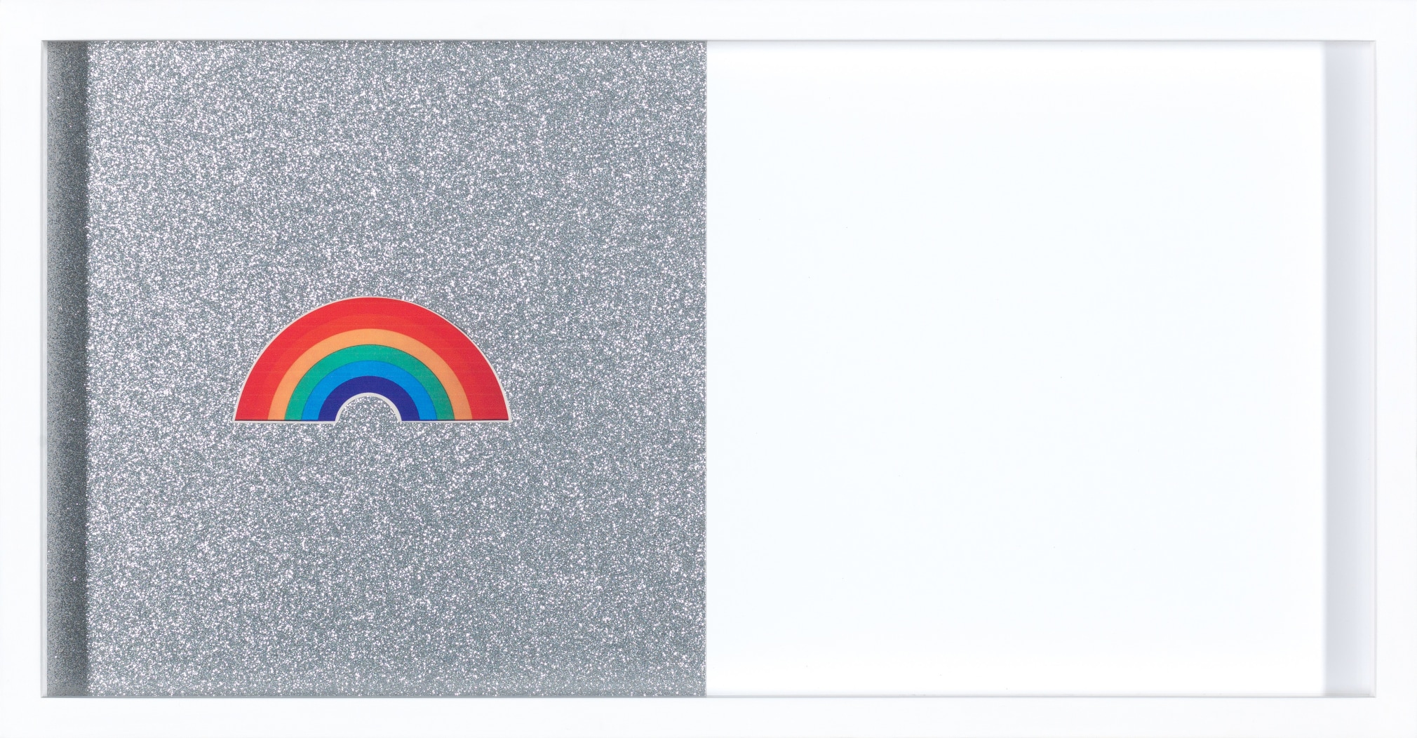 Long rectangle with grey glitter square and rainbow on left side.