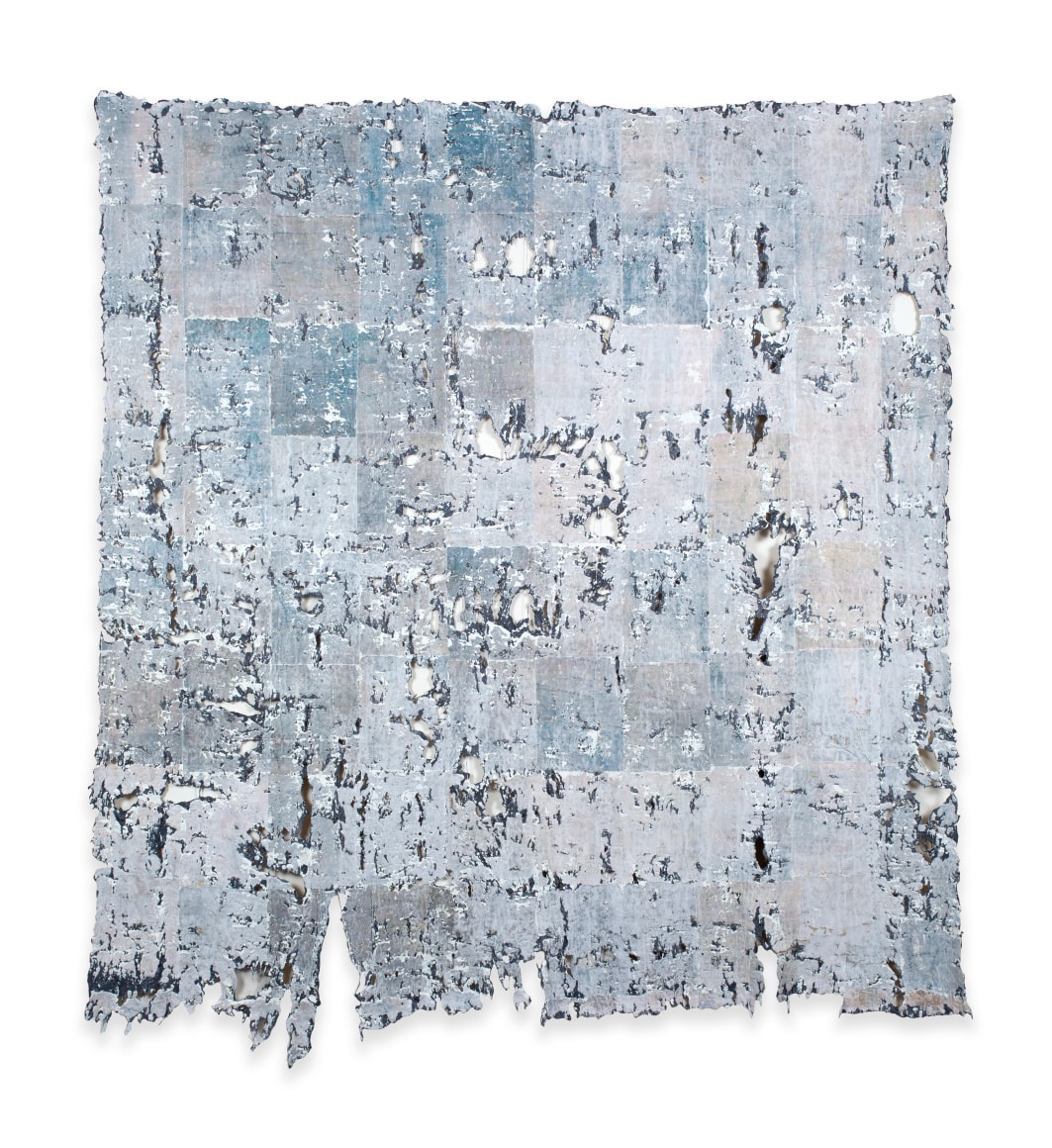 Rachel Meginnes  Refuge, 2019, mixed media,  Deconstructed quilt, hand stitching, image transfer, and acrylic  83h x 76w in 210.82h x 193.04w cm
