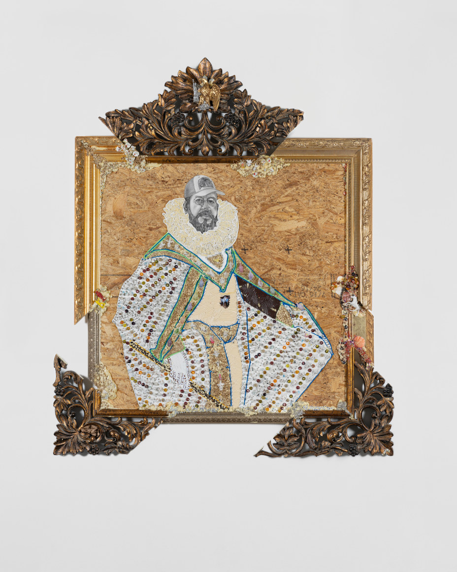 Portrait of the artist's father in regal eighteenth century spanish dress. framed in gold leaf with sections of a much larger ornate frame