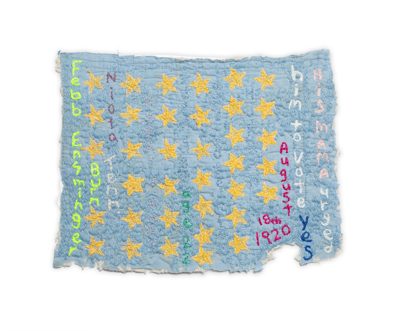 Rachel Meginnes  Swing Vote, 2020  Hand embroidery on vintage quilt fragment, cotton, and waxed linen  12 x 15 inches unframed  Framed: 17 x 19 inches framed  RM_046, hand embroidered fragment with text