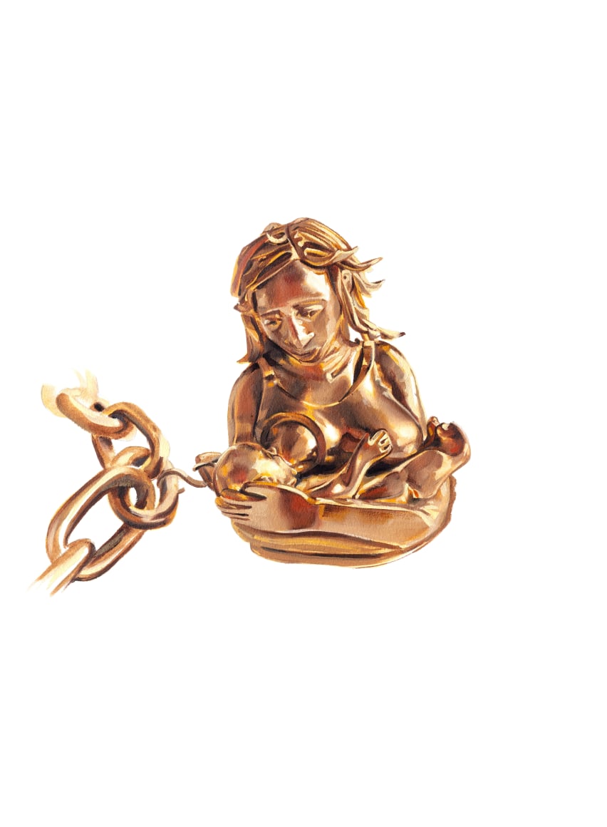 Margaret Curtis  Lactation, 2020  Giclee print on paper  10h x 8w in, woman breast feeding, similar to renaissance images of Mary and baby Jesus