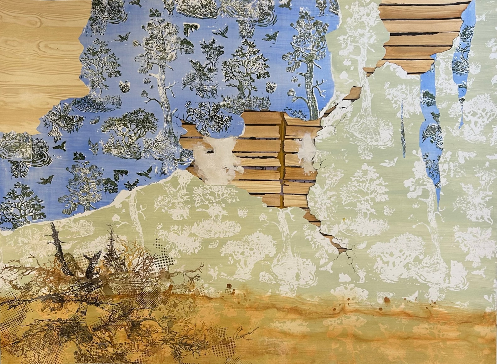 Gouche painting of peeling crumbling toile wall paper featuring images of trees and birds. Along the bottom edge are images of broken downed trees and a muddy waterline, referencing the flood of 2024