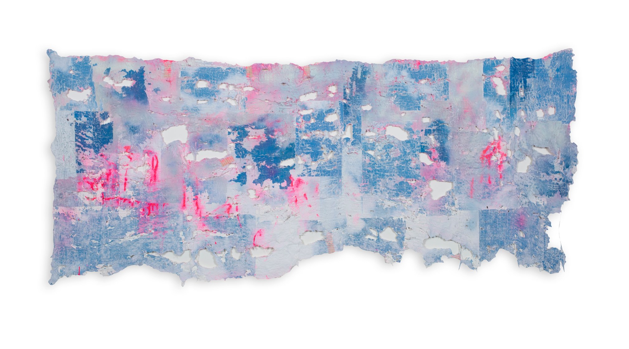 Rachel Meginnes  Float, 2019, Mixed Media, Deconstructed quilt, hand stitching, image transfer, acrylic, and spray paint  28h x 60w in 71.12h x 152.40w cm  Unique