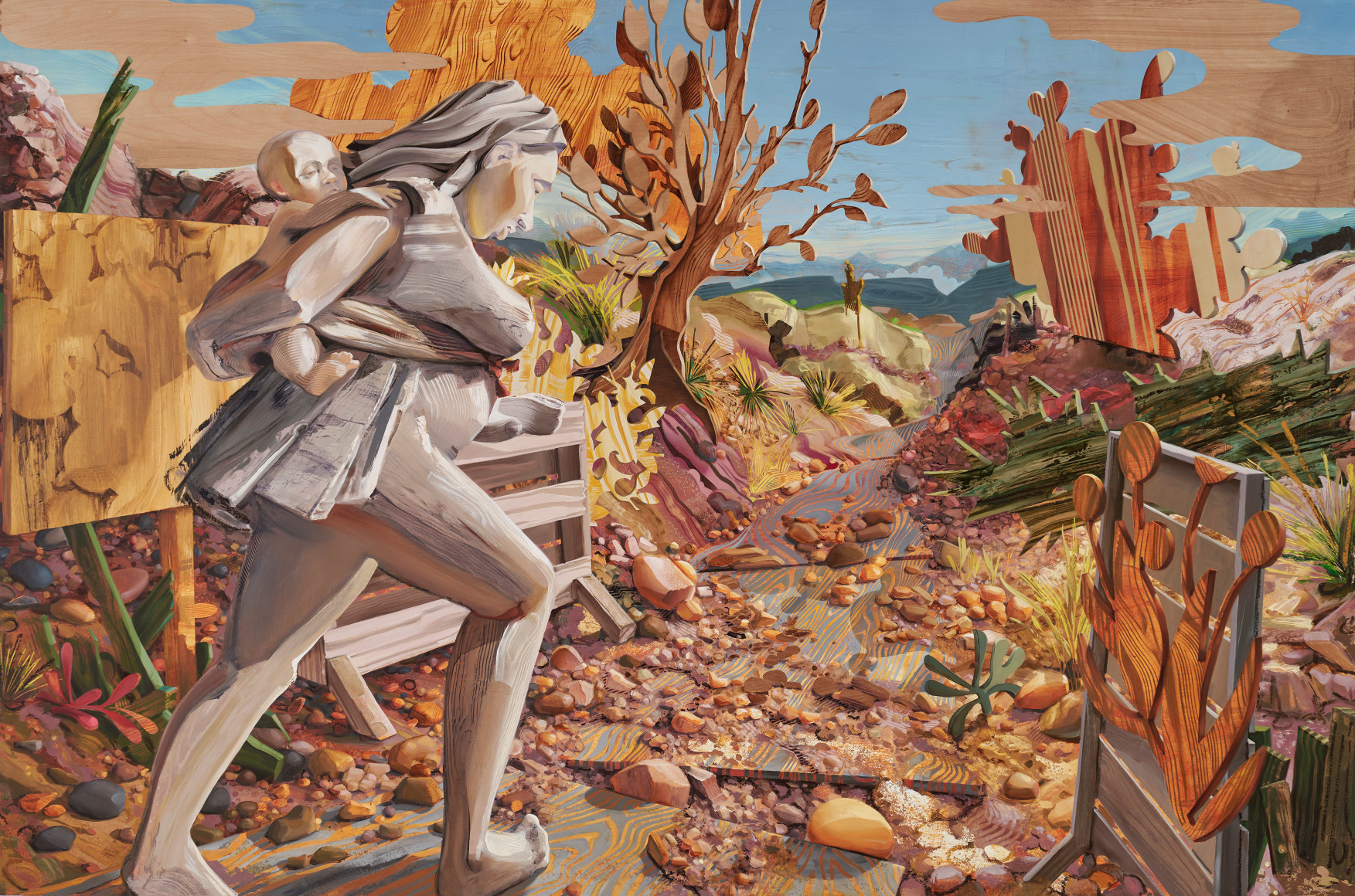 Painting by Margaret Curtis of a figure with child on back shown from behind walking through a cluttered landscape