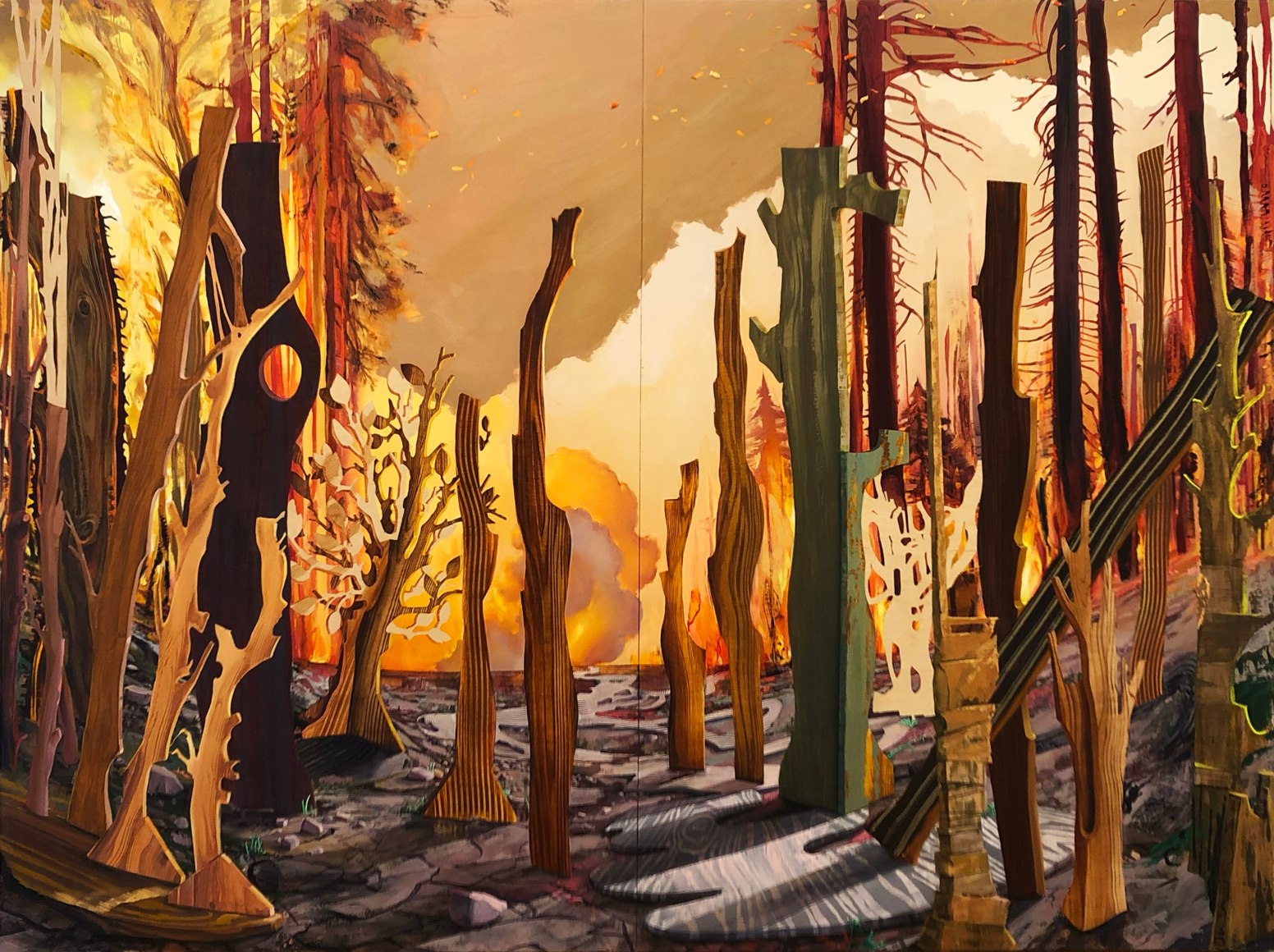 Large scale painting of plywood forest by Margaret Curtis