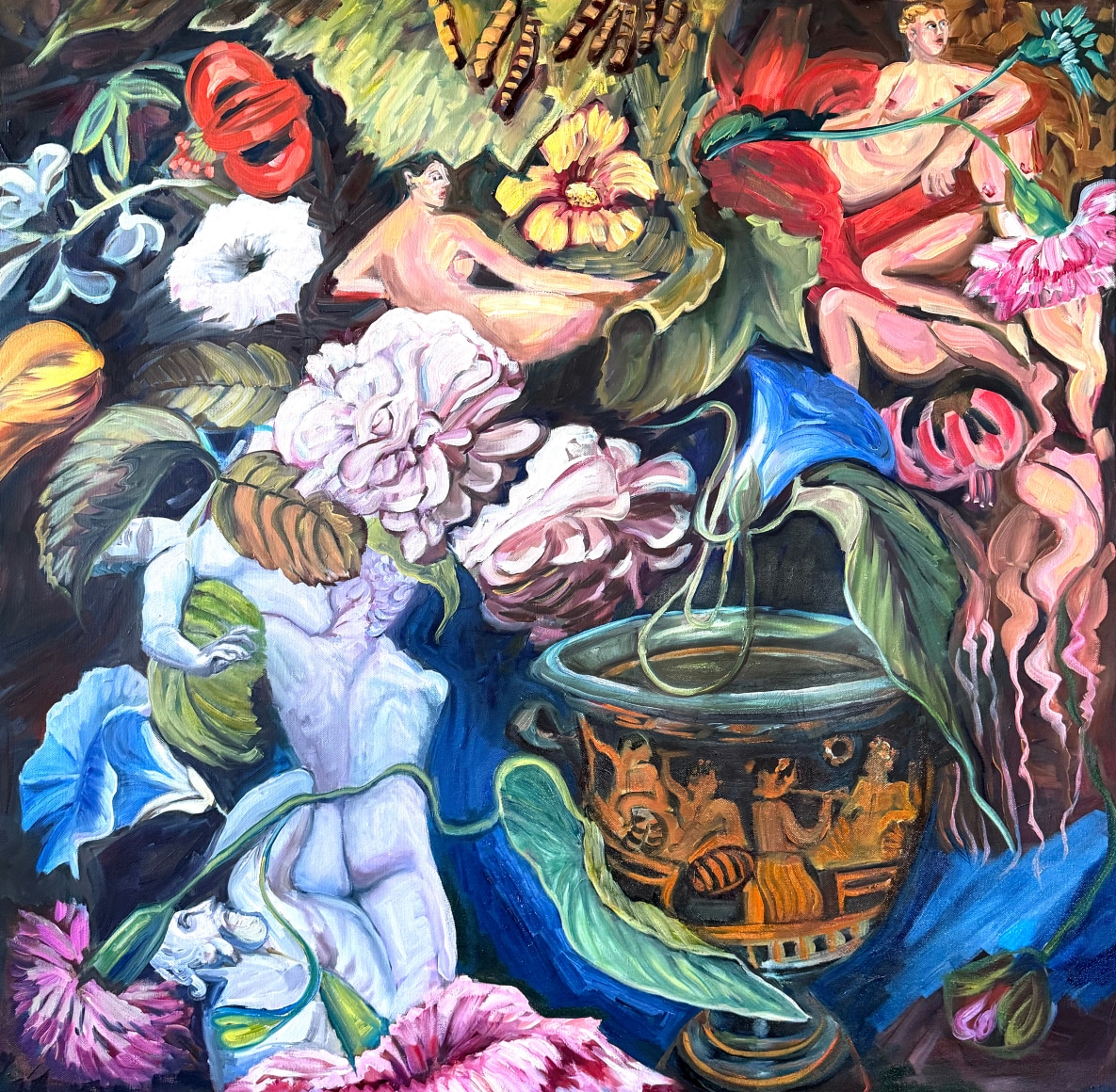 Floral still life with art historical references such as a black and red greek urn, nude figures, classical sculpture