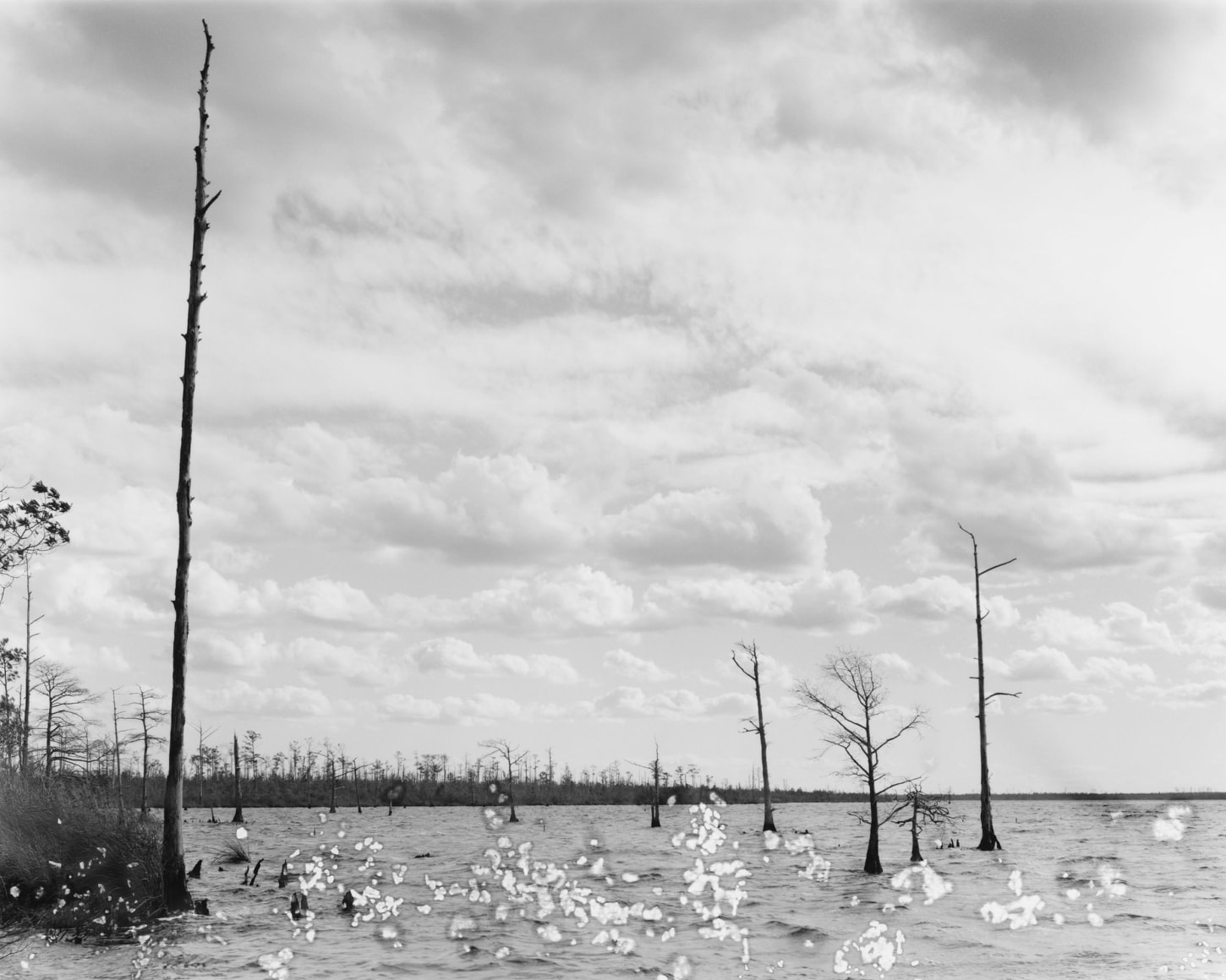 Gesche Würfel  The Frying Pan, NC (1), version 1, 2021  Archival Pigment Print  8h x 10w in 20.32h x 25.40w cm  5  GW_030, Black and White, Landscape, Salt applied to image taken on the coast of North Carolina during while being processed