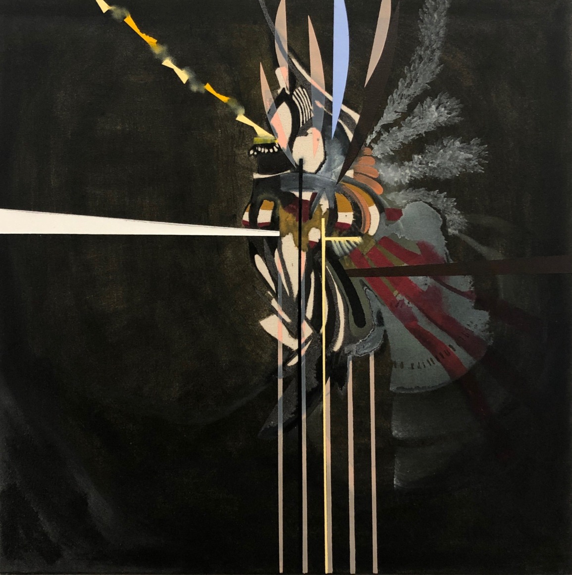 Abstract oil on canvas with black background and multicolor impasto feather like lines radiating
