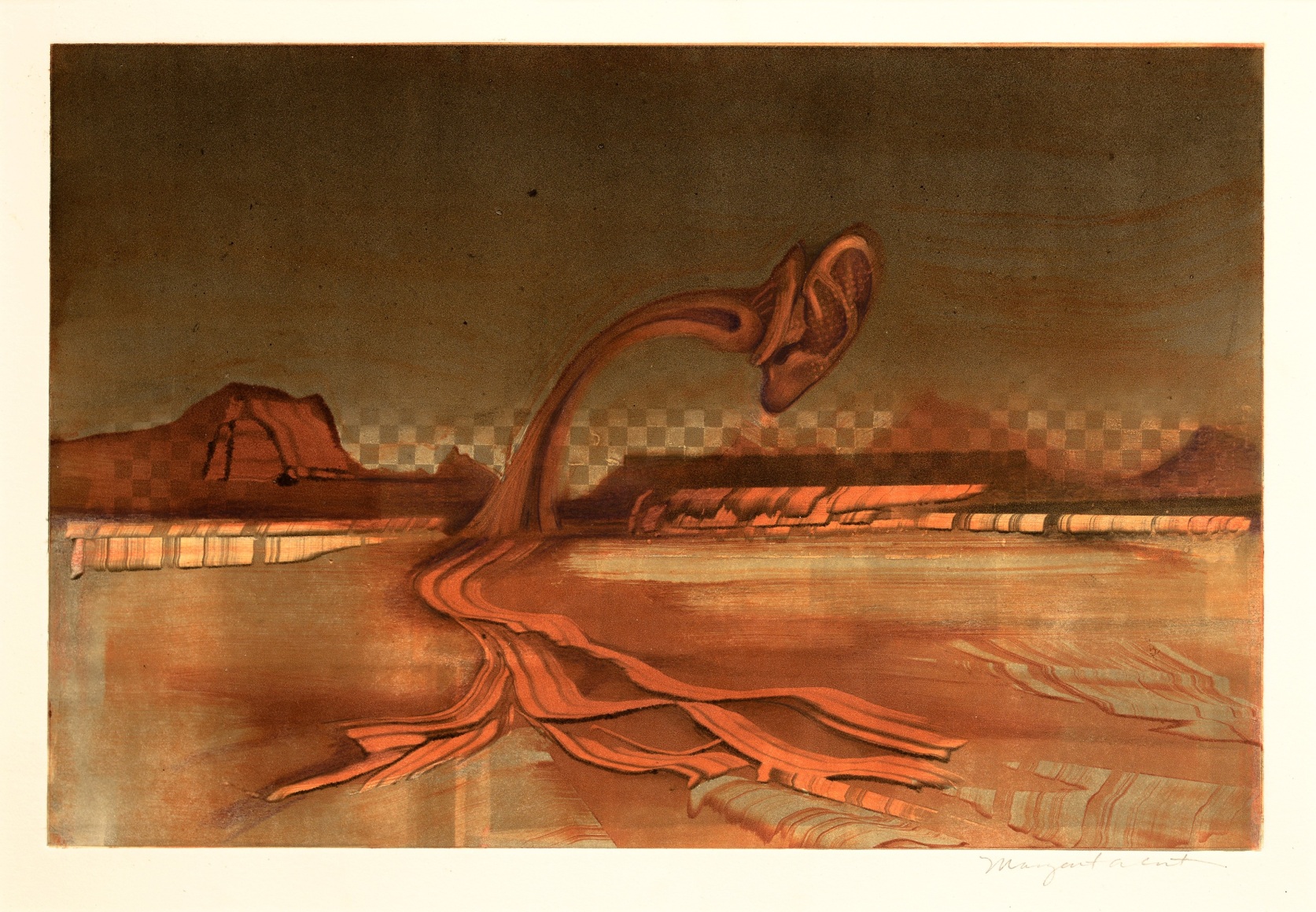 Monotype print of detached ear in dark landscape