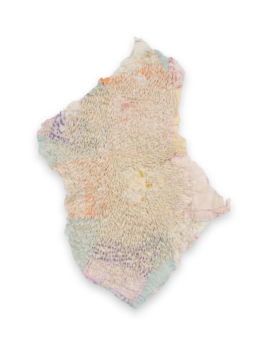 Rachel Meginnes  Seed, 2019, Mixed Media, Quilt fragment and hand stitching  11h x 7w in 27.94h x 17.78w cm  Unique