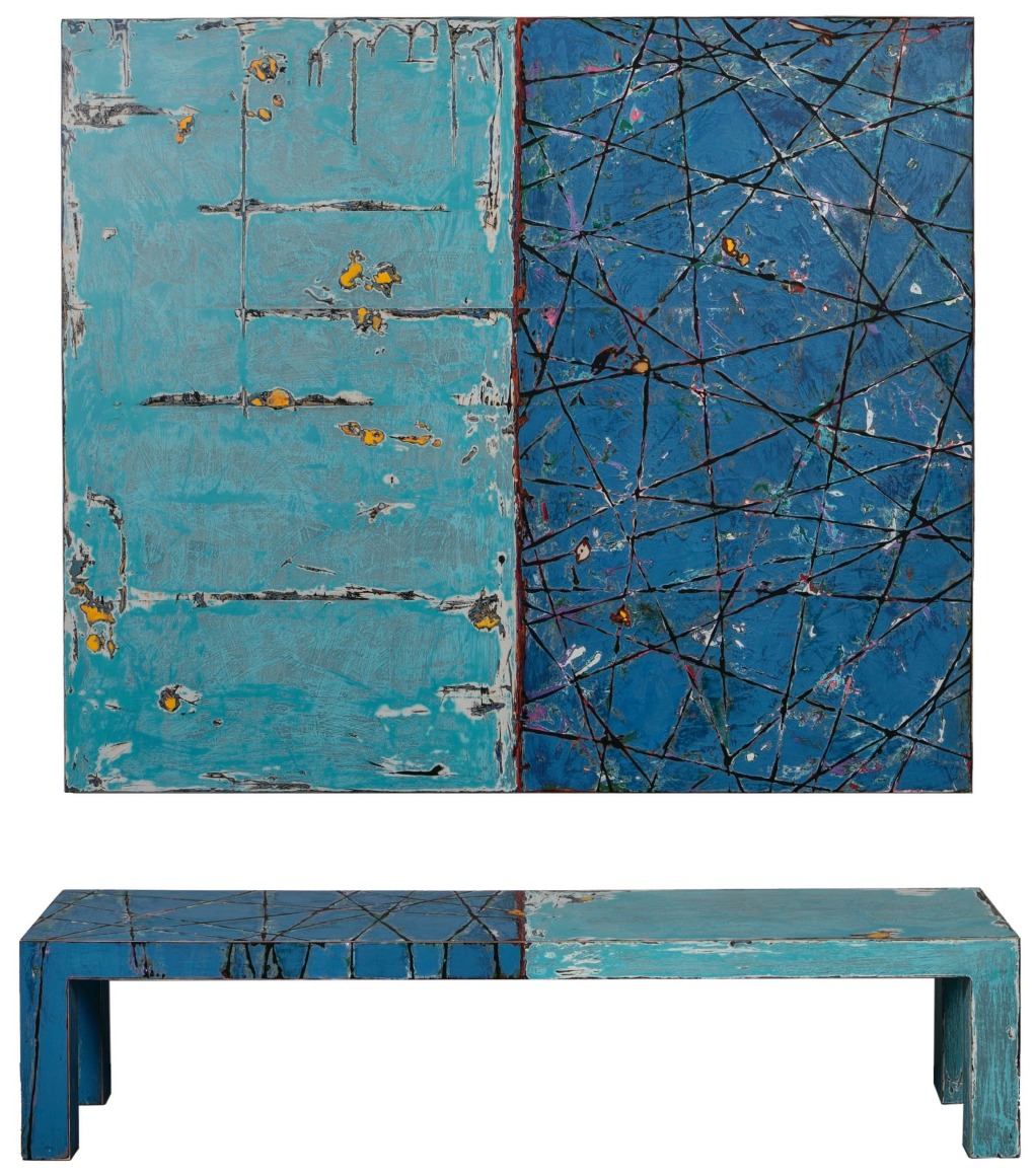Randy Shull  Blue Reflection, 2017  Acrylic on wood panel, handmade hand-painted bench  92h x 72w x 16d in