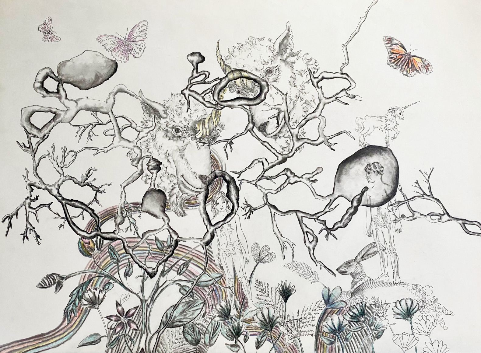 Drawing of overlapping figures and other imagery