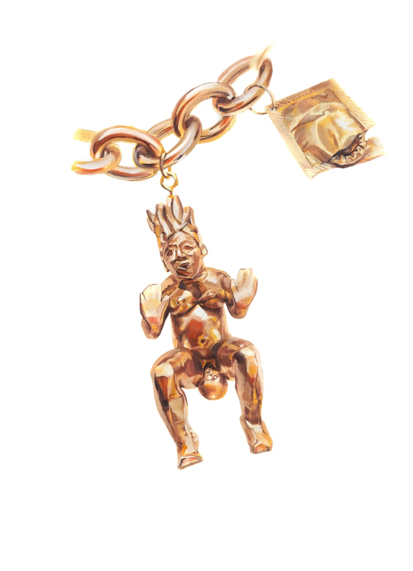 Margaret Curtis  Vaginal Delivery, 2020  Giclee print on paper  10h x 8w in, looking up at a woman on all fours, giving birth