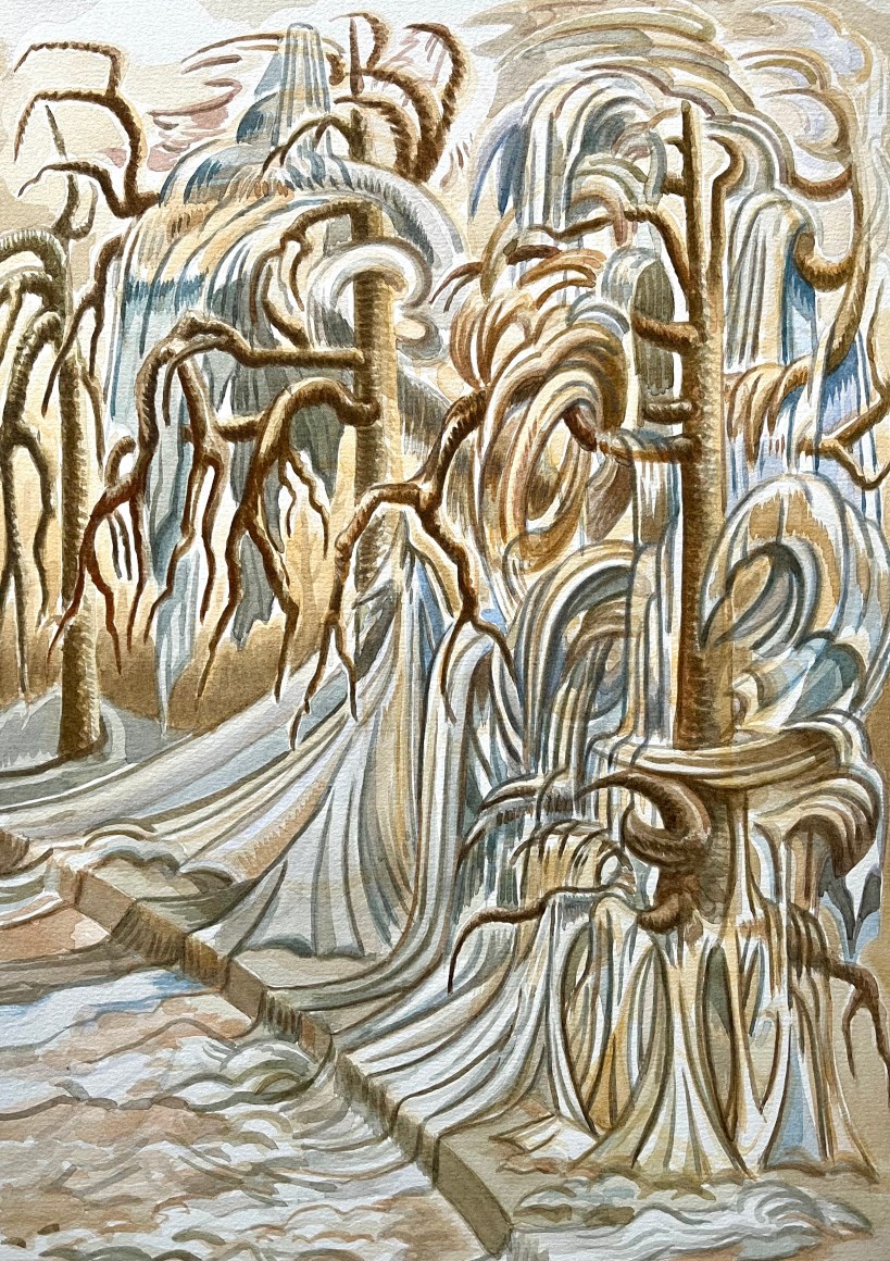 watercolor of trees being flooded with water