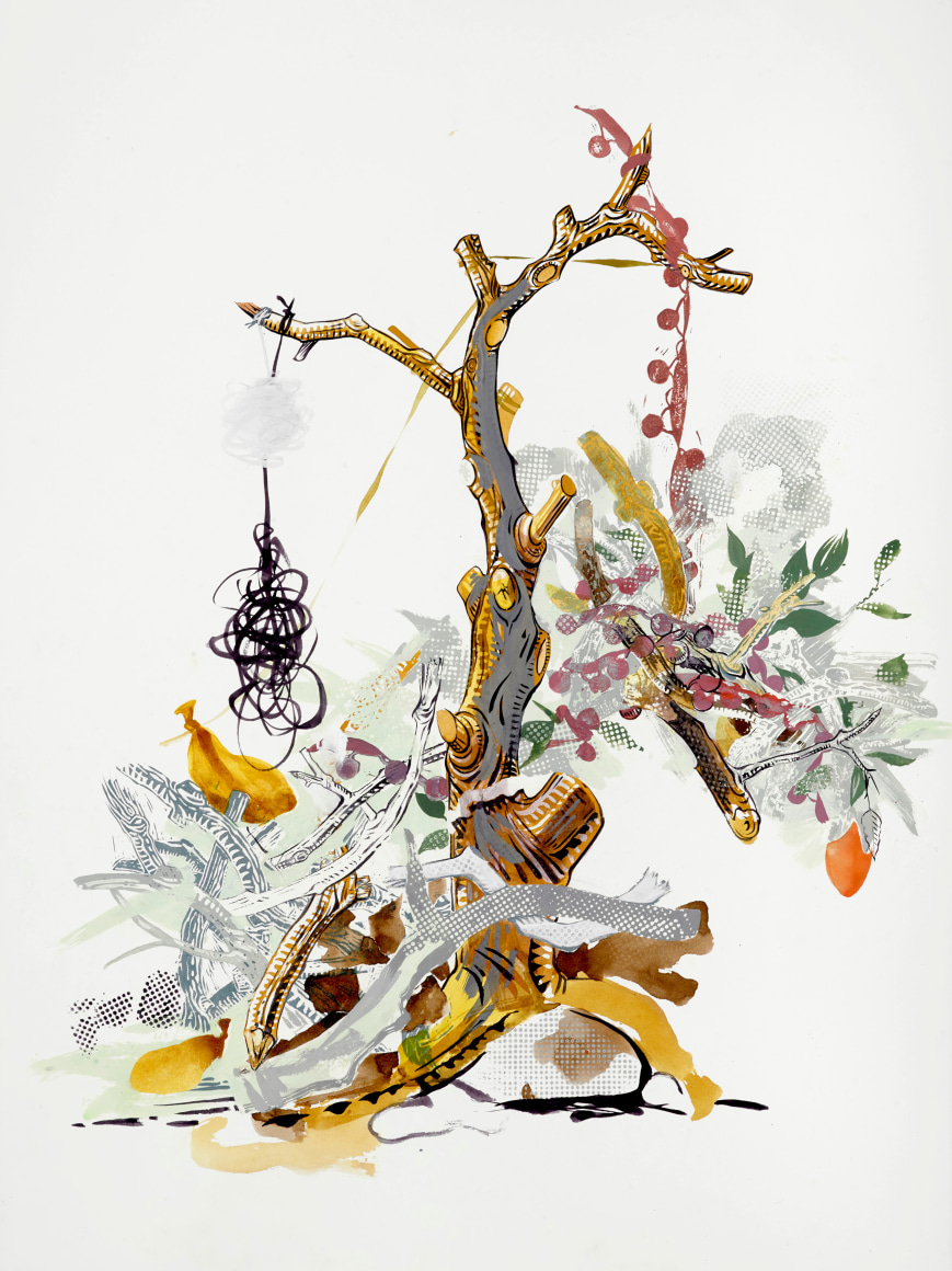 Margaret Curtis  Portrait of my Anxiety, 2019  Gouache and ink on paper  30h x 22w in 76.20h x 55.88w cm, Color drawing of a &quot;Failed Topiary&quot;