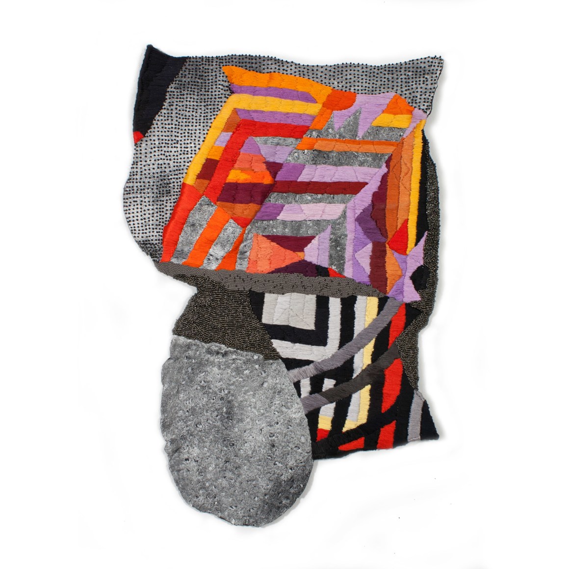 Erin Castellan  Keep One Foot in the Black  Thread, beads, acrylic paint, fabric, felt  23h x 16w in -a piece intertwined by the use of thread, beads, acrylic paint, fabric and felt