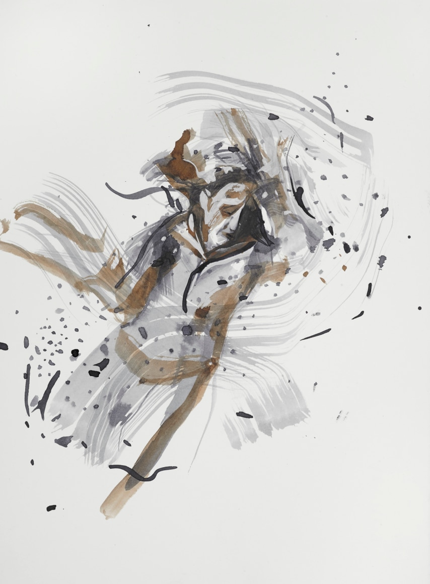 Margaret Curtis  Woman Swarmed by Flies (Small #2), 2019  ink on paper  15h x 11w in 38.10h x 27.94w cm  Framed: 18h x 14 1/2w in 45.72h x 36.83w cm, Gestural drawing of a woman swatting flies, diagonal composition, rust, white and black ink wash