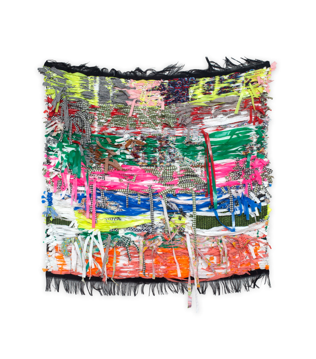 Colorful woven wall tapestry, by Rachel Meginnes