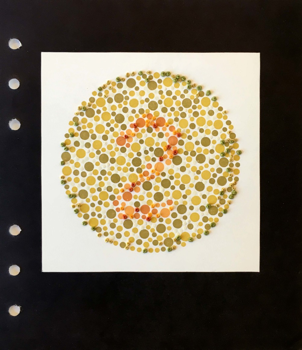 Lydia See  Colorblindness Test - #2, 2020  &ldquo;Dvorine Pseudo-Isochromatic Plates&rdquo;, cotton embroidery thread, gouache  6 3/4h x 6w in 17.15h x 15.24w cm  LS_012, hand stitched and painted colorblindness test of an orange number 2