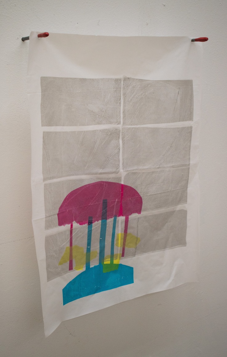 Lex Turnbull  Structured Play, 2020  4 layer screen print on frosted vinyl, steel  18h x 13w in 45.72h x 33.02w cm  LT_002, Pink, blue and yellow abstraction on frosted vinyl, suspended  off the wall by posts