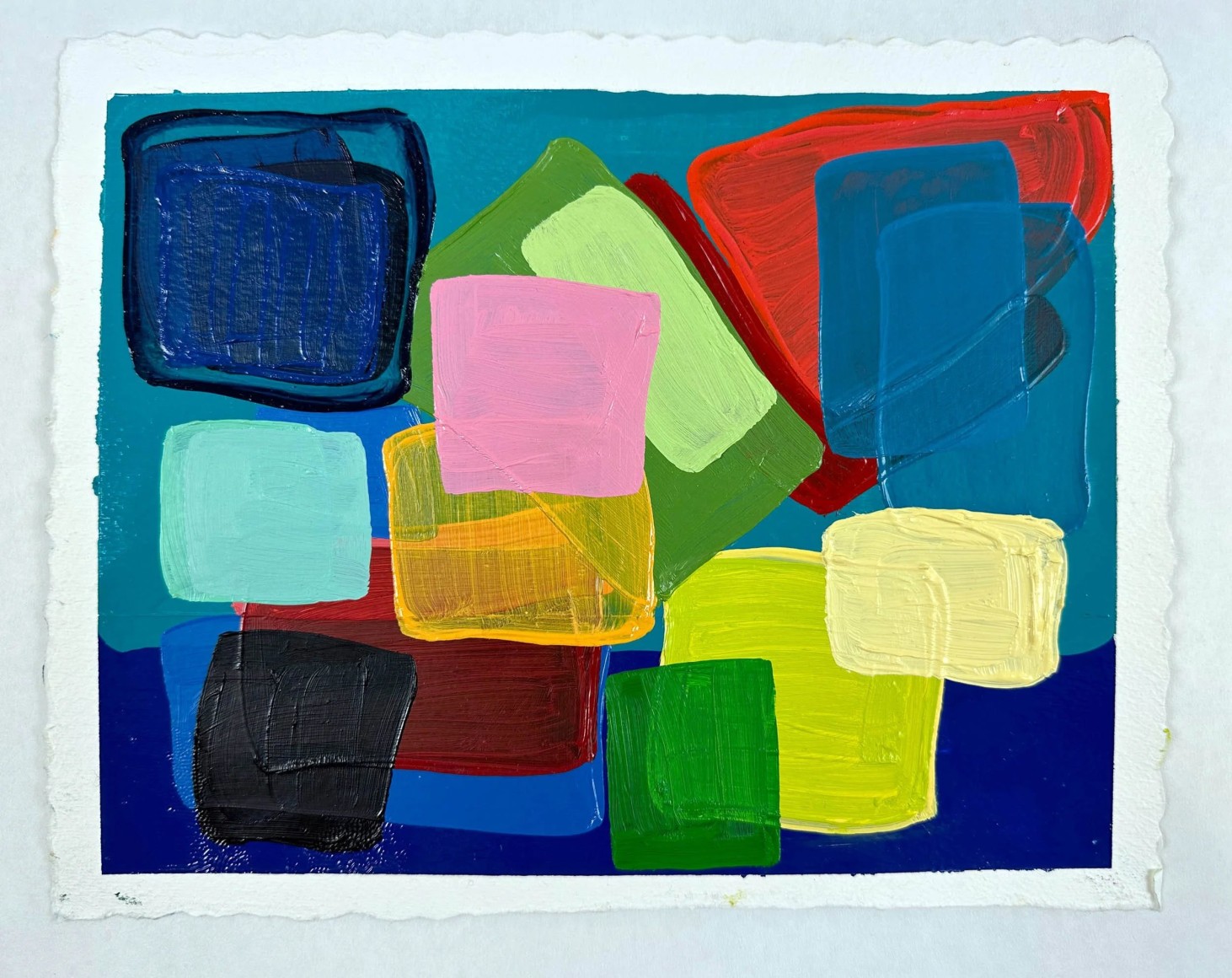 abstract work on paper with several layers of colored square and rectangles