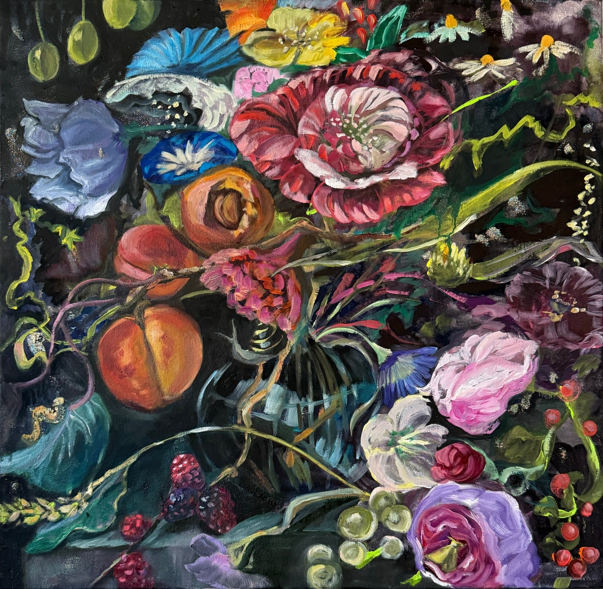 Floral Still life, full frame on a black background with stone fruits